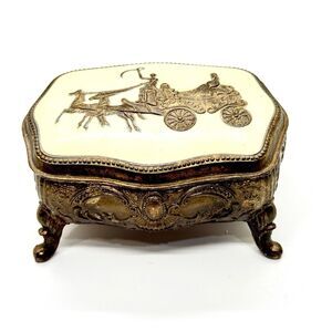 Vintage Japan Jewelry Trinket Box Carriage Scene Gold Tone Velvet Lined Metal